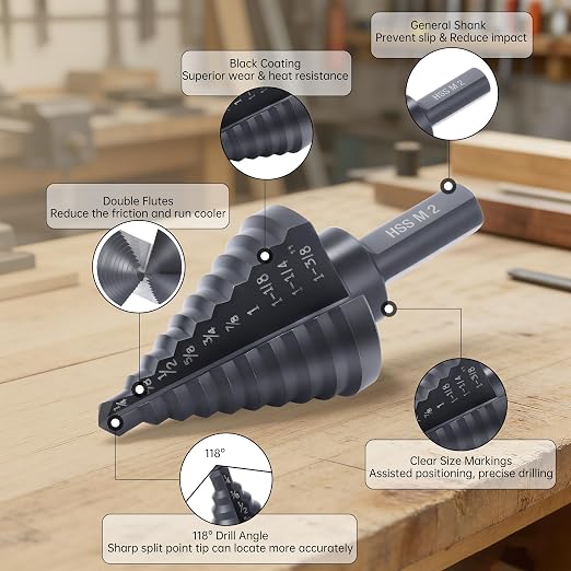 Lichamp Step Drill Bit for Metal Sheet Heavy Duty, Genuine M2 HSS Step Up Down Drill Bit Stepper Unibit for Steel Hole, 10 Sizes from 1/4 to 1-3/8 inches