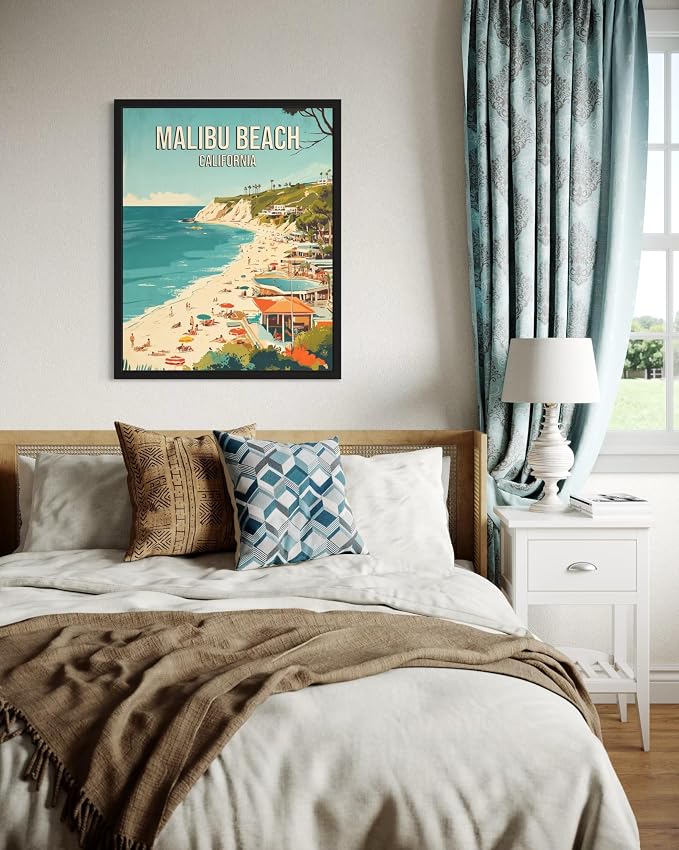 Malibu Beach California Black Framed Wall Art Print Poster, US Vintage Retro Beach Scenery Posters Prints for Restroom Home Picture Painting Artwork Gallery 219 (Malibu Beach California, 14"L x 11"W, Black Frame)
