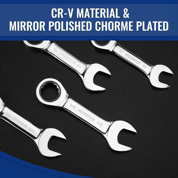 WORKPRO 14-Piece Ratcheting Combination Stubby Wrench Set, 72 Teeth, Combo Ratchet Wrenches Set with Organizer Box, SAE 3/8-3/4" & Metric 10-18mm