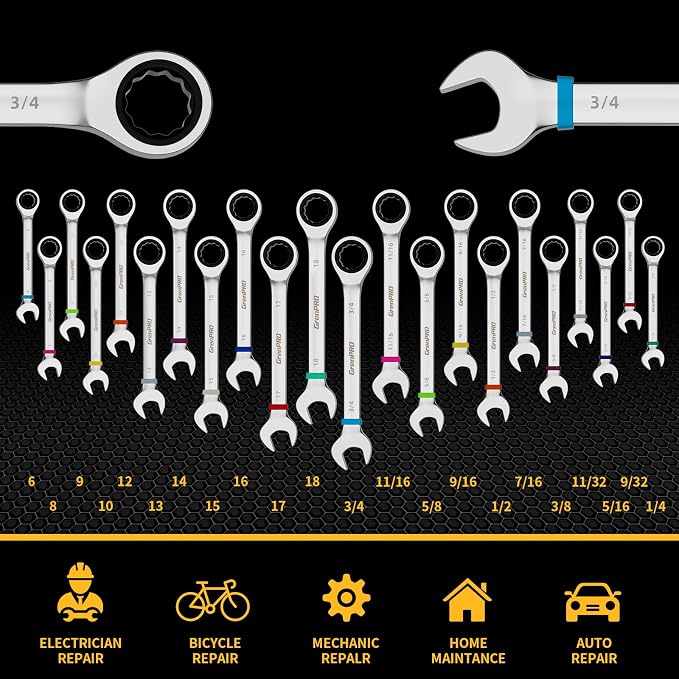GRENPRO Ratchet Wrenches Set, 22Pcs 72-Tooth Combination Wrench Set with Roll up Pouch, SAE & Metric and Standard, 1/4" to 3/4" & 6mm to 18mm with Color Ring, CR-V Socket Mechanic Hand Tools Sets