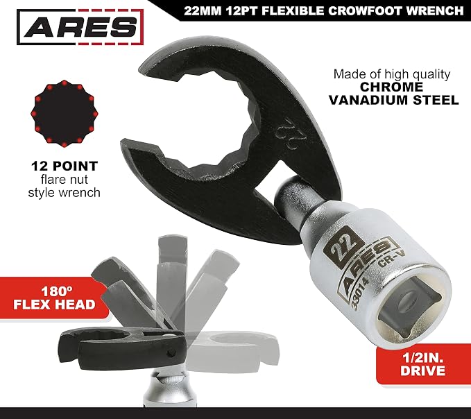 ARES 33014 1/2-In Drive Flexible Crowfoot O2 Sensor Wrench - 22mm 12pt | 180-Degree Flex Head for 90-Degree Access to Hard-to-Reach Bolts