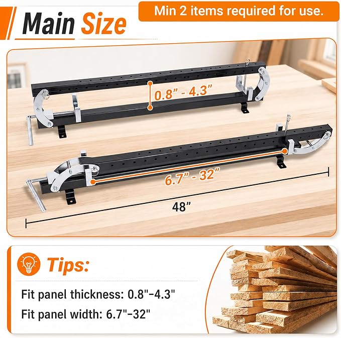 48" Panel Clamp 1 Pack with 2 U-Shaped Blocks, Fits Panels 6.8"-32" Length, 0.8" - 4.3" Thickness, Heavy Duty 4-Way Pressure Parallel Clamp with Powder-Coated Finish for Woodworking Projects