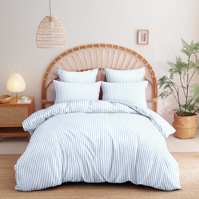 Sedefen Striped Duvet Cover King Size Blue Stripes On White Bedding Set 3 Pieces Kids Boys Girls Geometry Stripe Comforter Cover with Zipper Closure