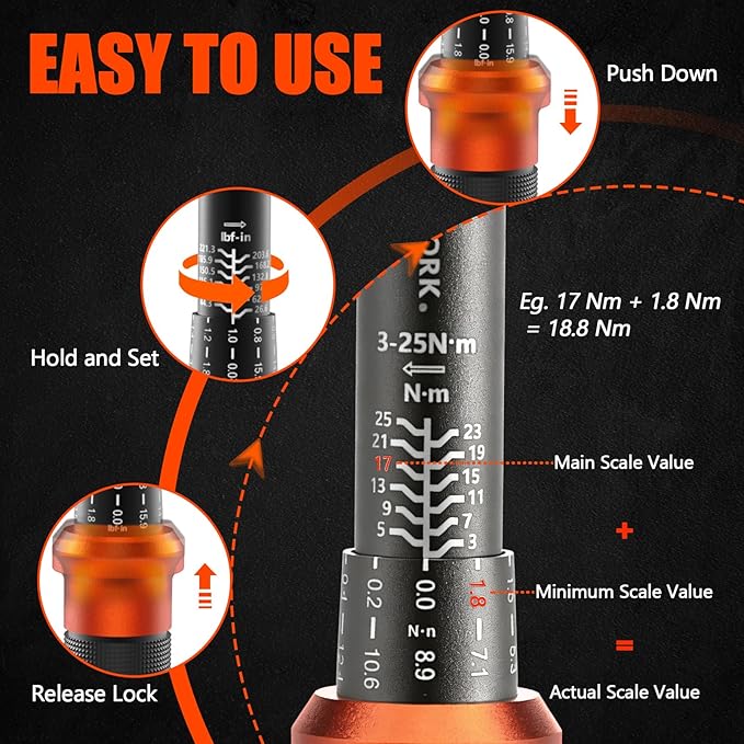Matework 1/4-Inch Drive Click Torque Wrench, 3-25 Nm/26.6-221.3 in.lb, Bike Torque Wrench Inch Pounds with 72-Tooth Dual-Direction, Small Bike Tool for Bicycle, MTB Maintenance, ±3% High Precision