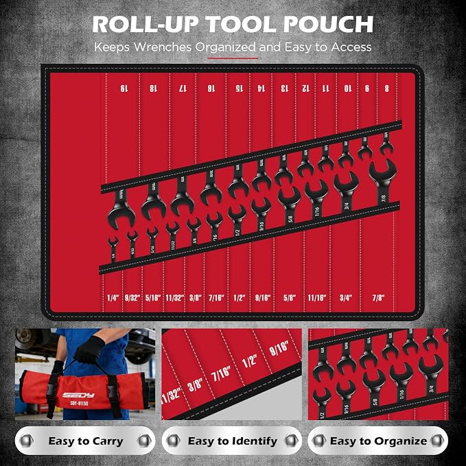 Premium 24-Piece Flex-Head Ratcheting Wrench Set, Metric(8–19mm)& SAE(1/4-7/8") Combination Wrenches, 72-Tooth CR-V Steel with Durable Black Finish, Ratchet Spanners with Roll-Up Tool Pouch for Repair