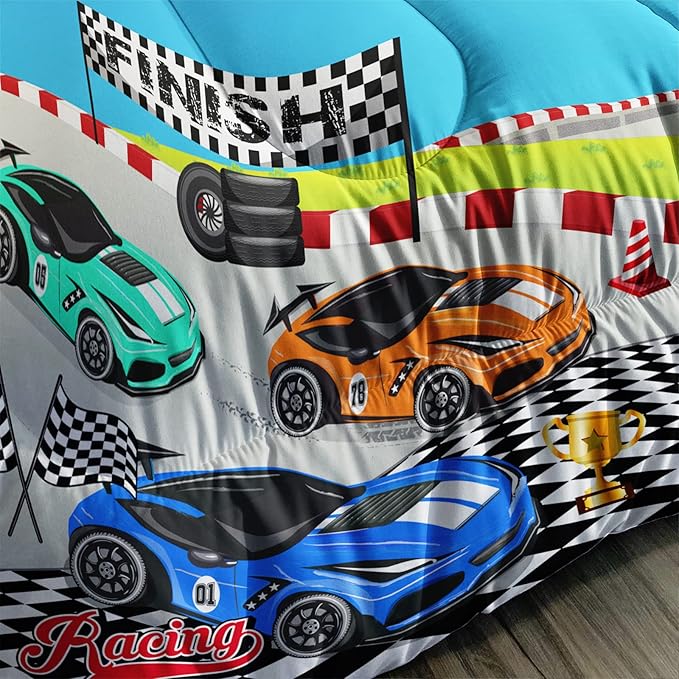 Axolotl Racing Car Bedding Set Queen,Cool Speed Race Car Down Comforter for Kids Boys Girls Teens,Racing Car Comforter Set Car Theme with Three Cars Arrive at Finish,1 Comforter and 2 Pillowcases