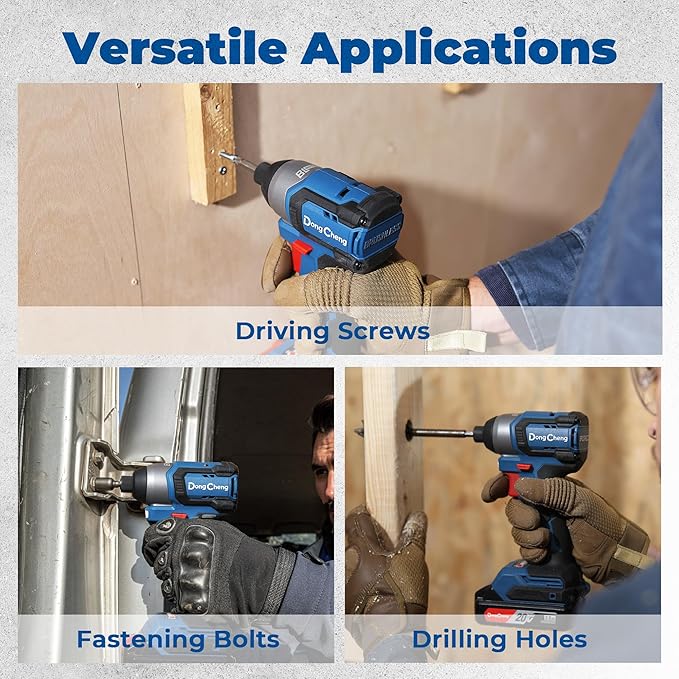Dong Cheng 20V 1/4" Brushless Impact Driver, 1460 in-lbs Cordless Impact Driver, 2x 2.0Ah Batteries, 3-Speed, 4.9" Compact Impact Driver for Cabinetry, Deck Building & HVAC Installation