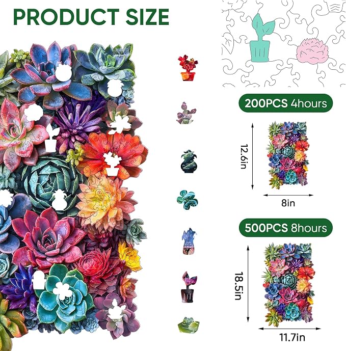 Delobil Rectangular Succulent Wooden Puzzles,500 Pieces Jigsaw Puzzles 18.5'' x11.7'', Unique Design Wooden Puzzles for Adults and Kids, Family Game Gift Royal Size