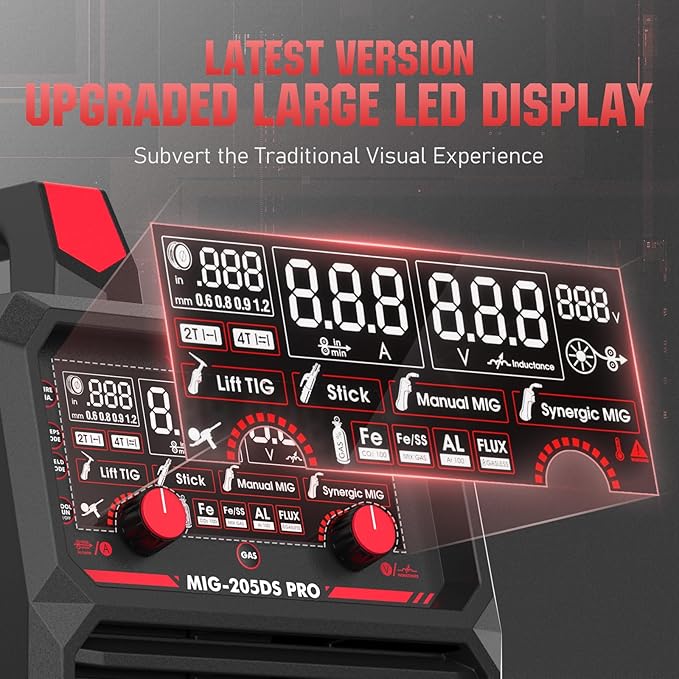 YESWELDER 205A MIG Welder, 110V/220V Dual Voltage, 5 in 1 Gas MIG/Flux Core MIG/Spool Gun MIG/Lift TIG/Stick Multiprocess LED Digital Display Aluminum MIG Welding Machine MIG-205DS PRO