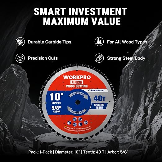 WORKPRO 10 Inch Woodworking Circular Saw Blade, 40T General Purpose Table/Miter Saw, Thin Kerf(1.8mm), Carbide Tipped, ATB Tooth, 1-Pack
