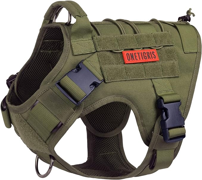 OneTigris Tactical Dog Harness, Full Body Harness with Handle for Large Dog | Heavy Duty Dog Vest for Hiking Training Outdoor Military 1000D Pullable Nylon, Service Vest with Hook & Loop Panels Green L