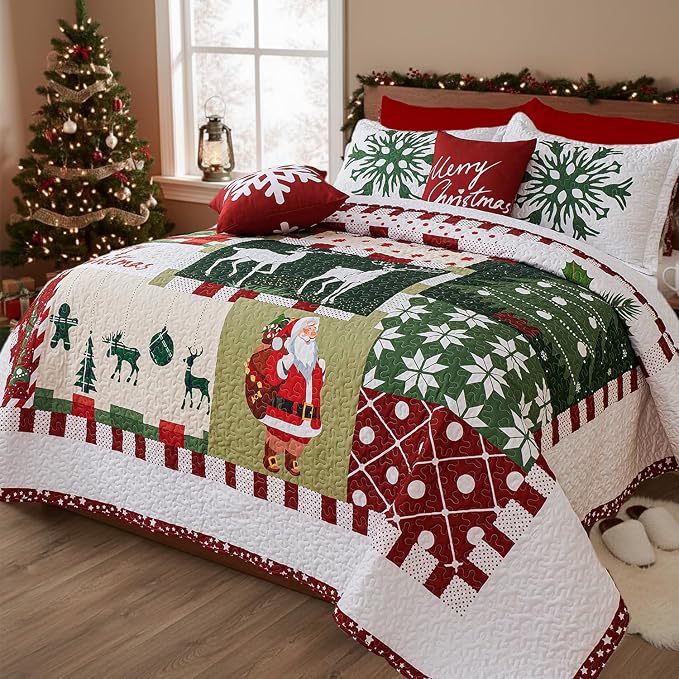 Cmfshape 5-Piece Christmas Quilt Set,Queen Size Xmas Tree Reindeer Santa Claus Pattern Christmas Bedding Set,Reversible Bedspread Coverlet,Holiday Bedding(92"x96")