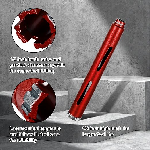 SALI Diamond Core Drill Bits 3" Diameter 10"/254mm Drilling Depth 5/8-11" Thread Core Bit Turbo Laser-Welded Segments for Cured Concrete with Brick Block Masonry with Two Adapters（Red）