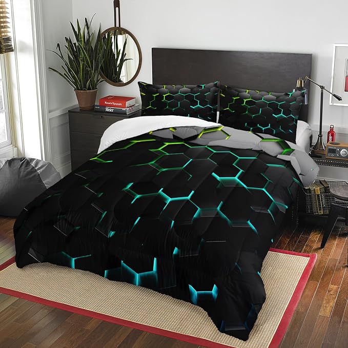 Geometric Green Black Neon Comforter Set,Light Honeycomb 3 Piece Bedding Set Queen for Teen Boys,Modern Bedding Quilt Set Geometry Decor,Microfiber Lightweight 1 Comforter 2 Pillowcases All Season