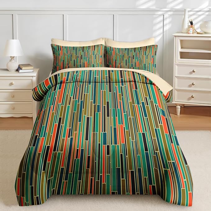 Nesker Comforter Set Queen Size, Mid Century Geometric Retro 7 Pcs Bedding for Kids and Adults, Stripe 50S Vintage Bed Sheet Sets with Fitted Sheet 2 Pillowcases & 2 Shams