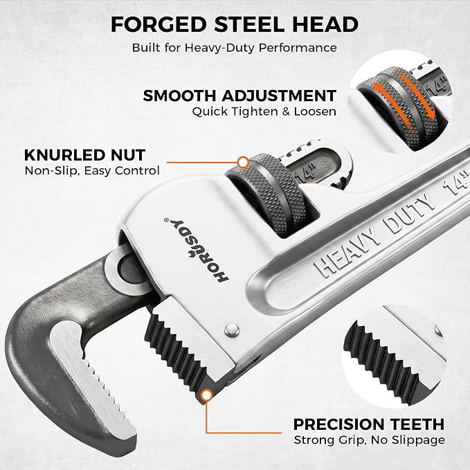HORUSDY 4 Pack Adjustable Pipe Wrench Set, 8", 10", 12", 14" Heavy-Duty Plumbing Wrench with Anti-Slip Jaws