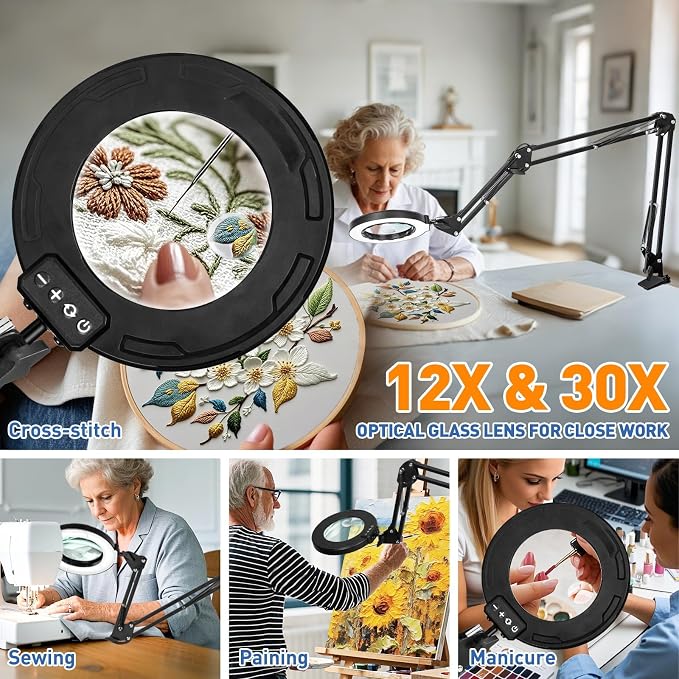 HITTI 30X & 12X Ultra Long Magnifying Glass with Light and Clamp
