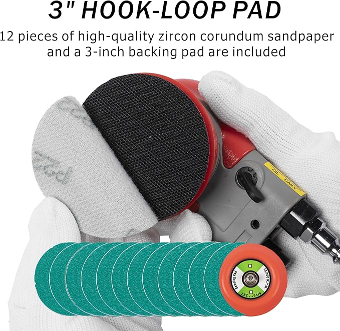 Pneumatic random orbital sander 3-inch light weight palm sander 3/32" (2.5 mm) diameter orbit 12000 RPM with extra backing pad and 12pcs sandpaper
