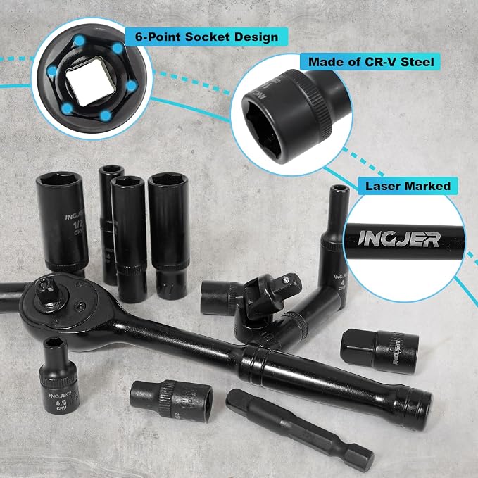 Socket Set 1/4, 56 Piece Impact Socket Set Metric and Standard Full | 6 Point, Cr-MO, 1/4-Inch Drive Ratchet Handle, Drive Extension Bar, Impact Universal Joint,impact adapter