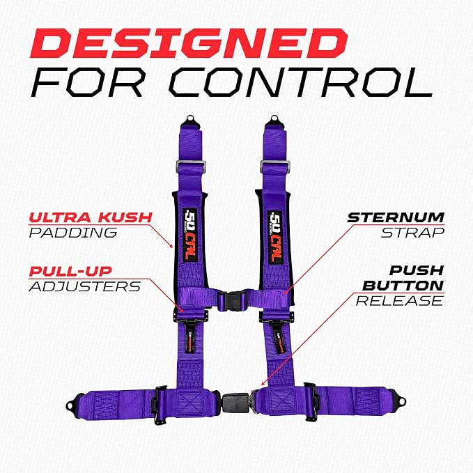 1pc 50 Cal purple 4 Point Harness 3in Straps, Racing Harness Seat Belt | Ultra Kush padding, Push Button quick release hardware. Universal Fit for UTV, RZR, race car.