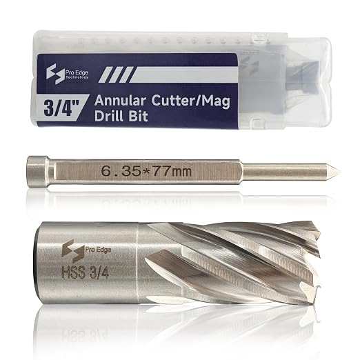 Pro Edge 1-Piece 3/4" Cutting Diameter 1" Cutting Depth Annular Cutter, M2AL HSS Mag Drill Bit with Pilot Pin 3/4" Weldon Shank, for Magnetic Drill Press Steel Plate, Aluminum, Copper