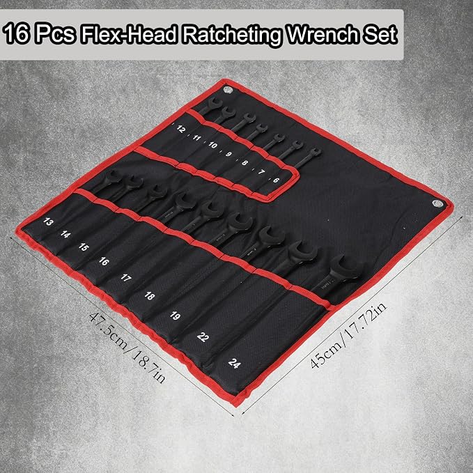 Flex-Head Ratcheting Combination Wrench Set, 16-Piece Metric Wrench Set 6-24mm | 72-Teeth | Cr-V Constructed | Fully Polished (Black) | with Organization Bag