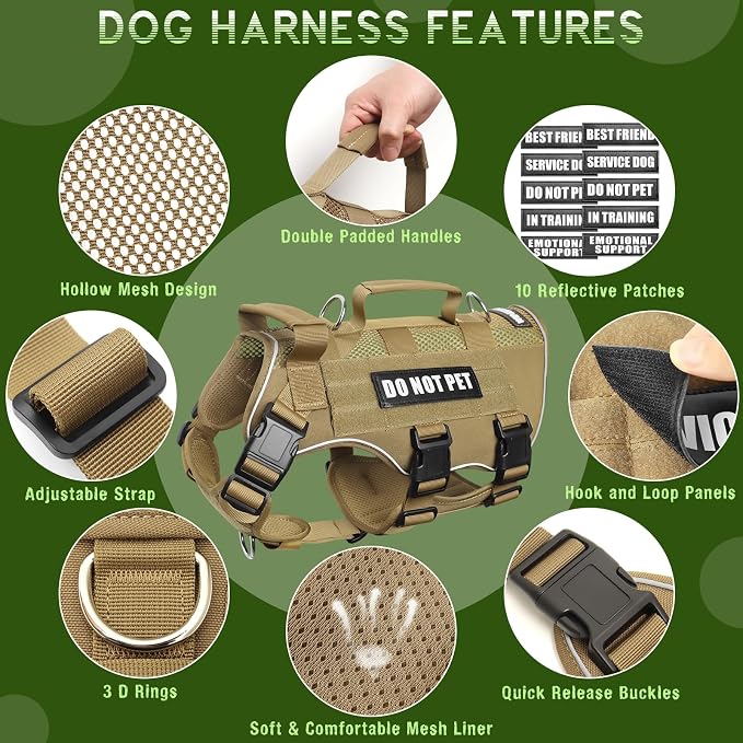 Tactical Molle Vest Mesh Dog Harness with 10 Removale Pet Patches | Breathable Service Dog harness with Double Soft Padded Handle for Medium Dog, Reflective Military Pet Vest for Walk Hiking