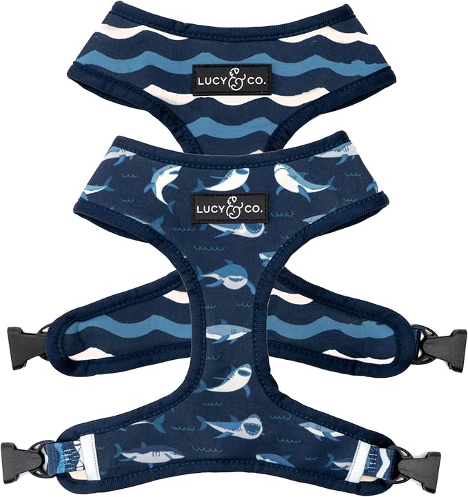 Lucy & Co. Reversible Dog Harness - Water-Repellent Neoprene, Dual-Print Design, Easy Swap Style, Adjustable Comfort Fit - Shark Attack Reversible Harness - Large