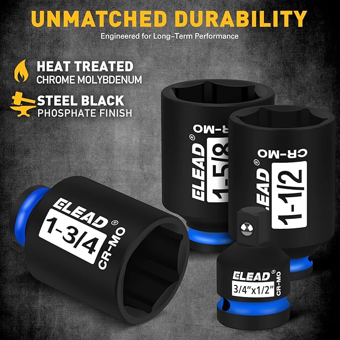 1/2'' Drive Deep Impact Socket Set, 8-Piece SAE Wheel Axle Nut Wrench Large Sockets Standard Adapter 1-11/16 1-9/16 1-3/8 1-7/16 1-1/2 1-5/8 1-3/4 Imperial Spindle Joint Torque Bearing Locknut Truck