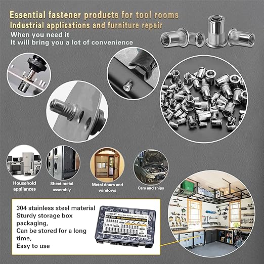 ASKWAY Stainless Steel Rivet Nut Tool Kit 750 Pcs 304 Stainless Steel Rivet Nut Combination, Suitable for Furniture, Decoration, Automotive, Marine and Industrial Applications