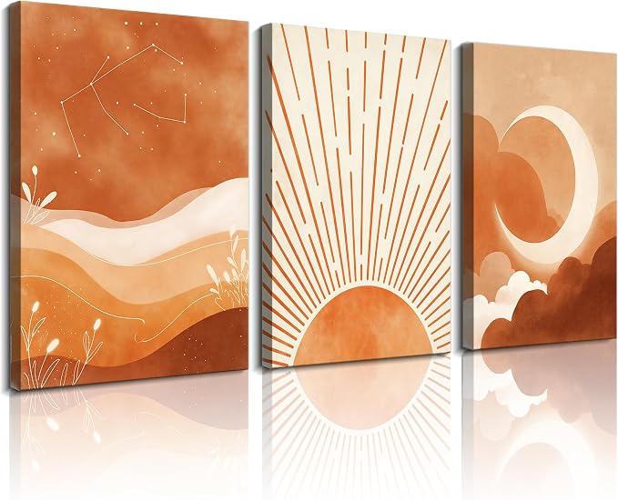 Frimeeme Framed Boho Sun and Moon Canvas Wall Art Set of 3, Mid-Century Modern Canvas Prints, Framed, for Living Room, Bedroom, Office,12x16 Inch Each