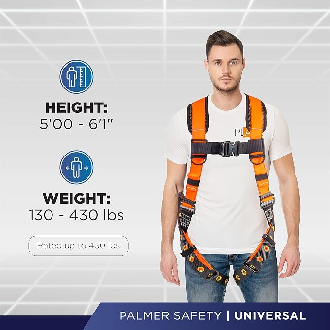 Full Body Harness with 5 Point Adjustment, Dorsal D-ring, Grommet Legs, Two Side D Rings, and Fall Indicators