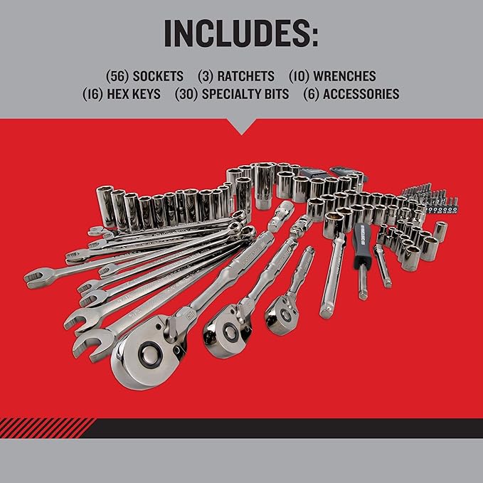 CRAFTSMAN OVERDRIVE 121-Piece Gunmetal Chrome Mechanics Tool Set, Standard SAE/Metric Socket Set, with Hard Case (CMMT99121L)