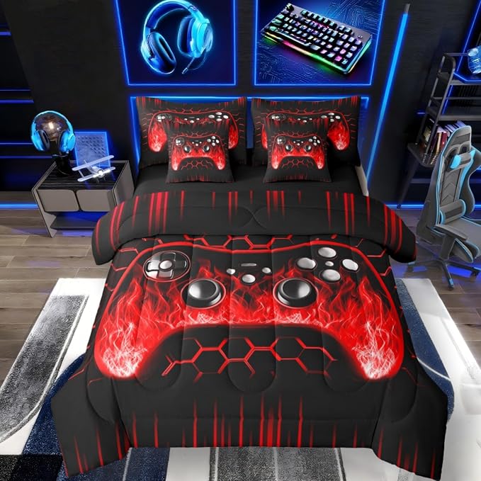 Erosebridal Boys Gaming Bed in a Bag King Size Comforter Set 7 Pieces Ombre Art Honeycomb Bedding Set Red Neon Lights Sheet Set Game Console Bed Set Geometric Hexagon Beehive Gamer Room Decor
