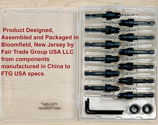 FTG USA 12 Pc #4 (7/64") Countersink Drill Bit Set with Depth Stop Collar, Hex Wrench - Tapered Drill Bits for Wood
