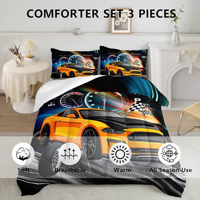 Axolotl Race Car Bedding Set Queen Size, Boys Extreme Sports Comforter Set for Kids, Yellow Cool Car Racing Gifts, Sports Quilt Set With 1 Comforter and 2 Pillowcases