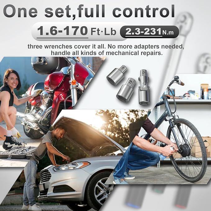 9PCS Torque Wrench Set 1/4 20-220 Inlb,3/8 5-45 &1/2 10-170 Ftlb,6 extension bar&adapter,±3% Accuracy,72 T,Dual Scale,Chrome plated, anti-rust,not scratch&wear-resistant than Black,DIY,car,bike&truck