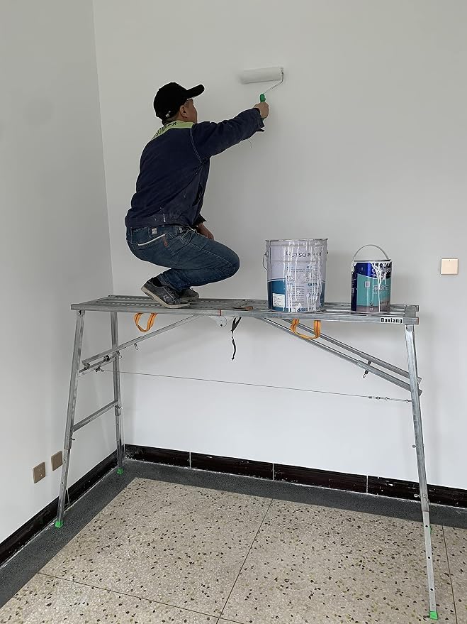 Daxiang Portable Scaffolding Platform 55(L) x15(W) x27-43(H)'' Work Platform Adjustable Height Steel 600 LBS Load Capacity Folding Step Ladder Drywall Painting Stool