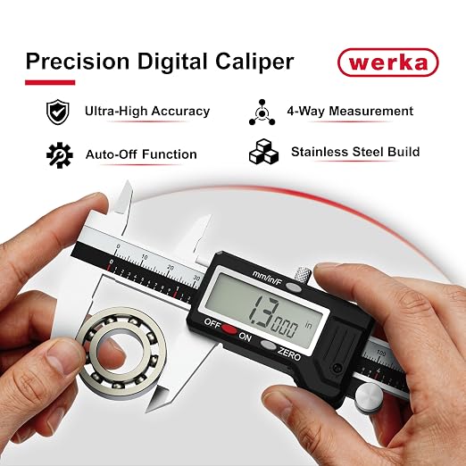 werka Digital Caliper, 0-6” Calipers Measuring Tool, Auto-Off Micrometer Caliper with 0.001”High-Accuracy,Inch/Fraction/Millimeter Conversions Button,4 Measuring Ways, Stainless Steel Construction