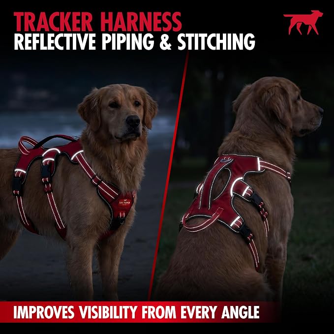 Tuff Pupper Tracker No Escape Dog Harness, Dual Attachment Points, Reflective 3M Stitching, XS - XL, March Red