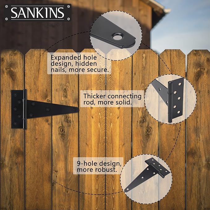 8 Inch T-Strap Shed Door Hinges Heavy Duty, Black Tee Hinge for Wooden Fences, Yard Door, Barn Door Gates, Wrought Hardware Rustproof, 6 PCS