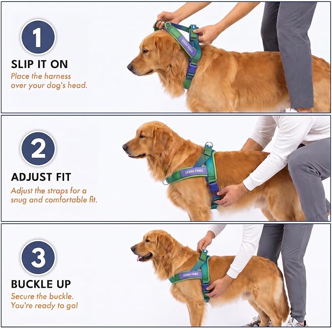 Spark Paws No Pull Front Clip Dog Harness - Easy On, Padded and Lightweight | Two Clips, On in Seconds, Chest Bearing, Australian Style, No Throat Pressure, for Small Medium and Large Breeds