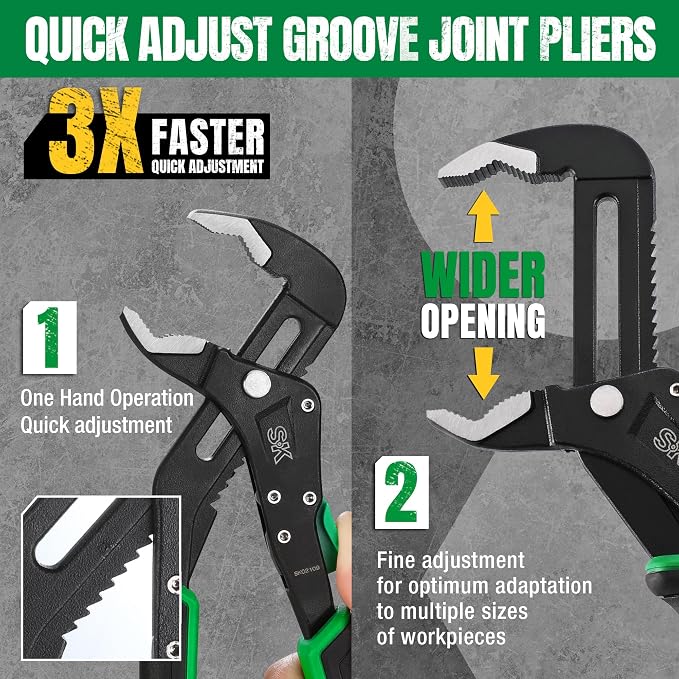 SK 8'' Quick Adjust Water Pump Pliers, SureGrip V-Jaw Groove Joint Pliers | Premium CR-V Steel, Ergonomic Anti-slip Handle for Comfortable Grip