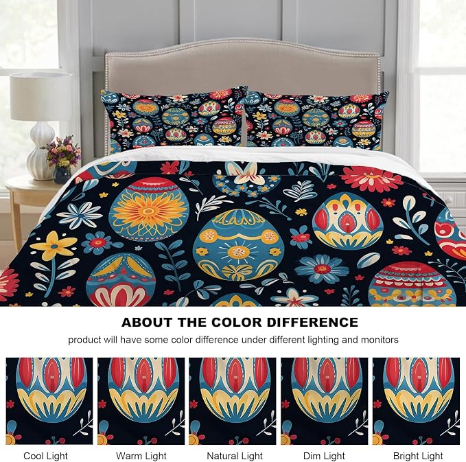 Batmerry Easter Eggs Flowers Queen Size 100% Cotton Duvet Cover Sets, Decorative with Colorful Eggs Blooms Bedding Set with Zipper Closure Corner Ties, 3 Pieces (1 Cover + 2 Pillowcases No Comforter)