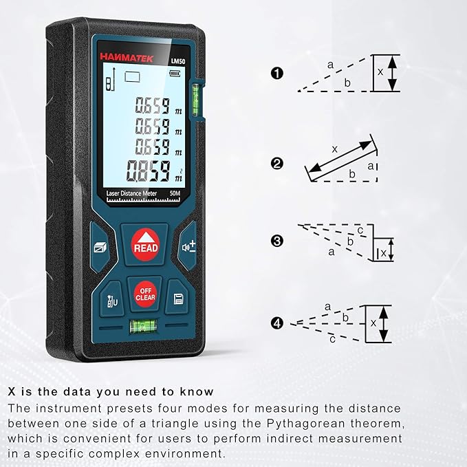 165ft/50m Laser Measure Ft/in/M Switching LM50 Laser Measurement Tool Devices with 2 Bubble Levels Distance Meter,Large Backlit LCD