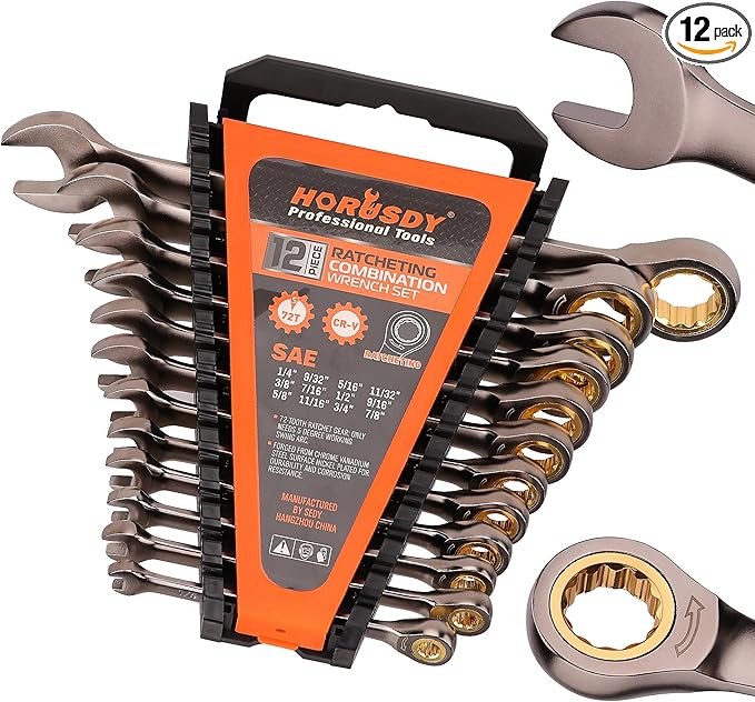HORUSDY 12-Piece SAE Ratcheting Wrench Set | 1/4” to 7/8“ | Ratchet Combination Wrenches Set with Organizer | 72-Teeth | Chrome Vanadium Steel
