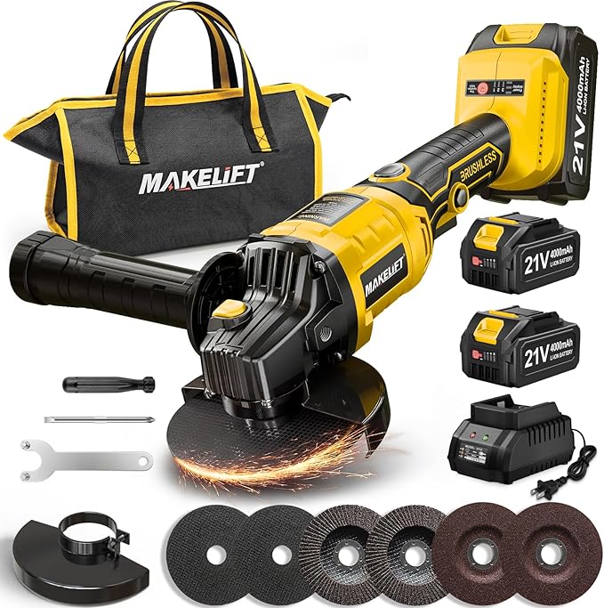 Cordless Angle Grinder 4-1/2 Inch, Brushless Grinder Tool Kit, 2 x 21V 4.0Ah Batteries, 10000RPM Cordless Grinder, Cut Off Tool for Metal Cutting, Grinding, Polishing, Rust Removal (Yellow)