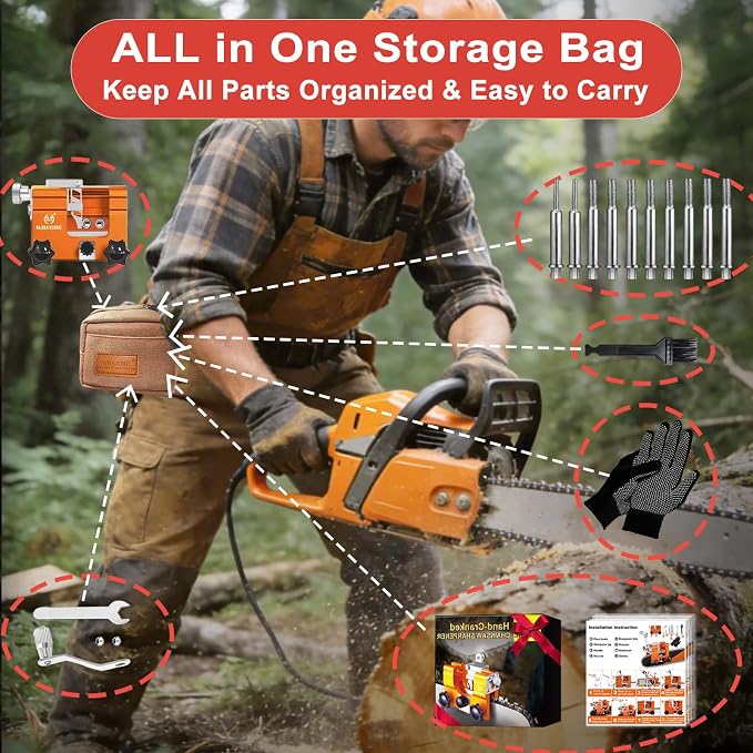Chainsaw Sharpener Jig,10 Tungsten Bits & Çarry Bag for 4-22" Chains | Universal Portable Manual Hand Çank Chain Saw Blade Sharpener Tool Kit Accessories for Sharpening