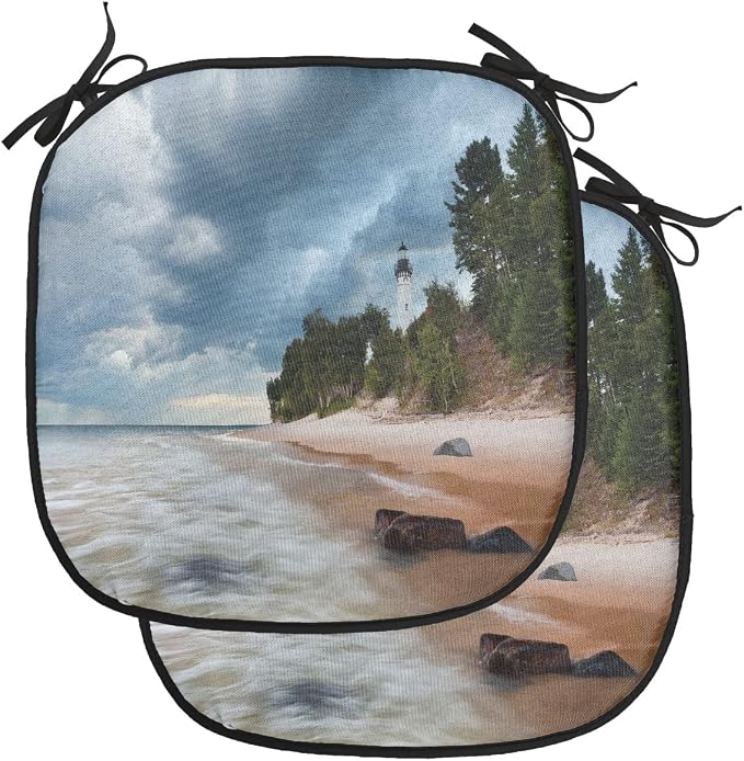 Lunarable Lighthouse Chair Cushion Pads Set of 2, Au Sable Lighthouse in Pictured Rock National Lakeshore Michigan USA, Anti-Slip Seat Padding for Kitchen & Patio, 16"x16", Blue Green Cinnamon