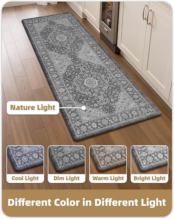 Color&Geometry Anti Fatigue Kitchen Mats for Floor 24x59, Vintage Decor, Easy Clean, Waterproof & Oil Proof, 0.4" Thick Cushioned, Non-Slip Kitchen Runner Rug for Sink, Laundry, Office, Grey